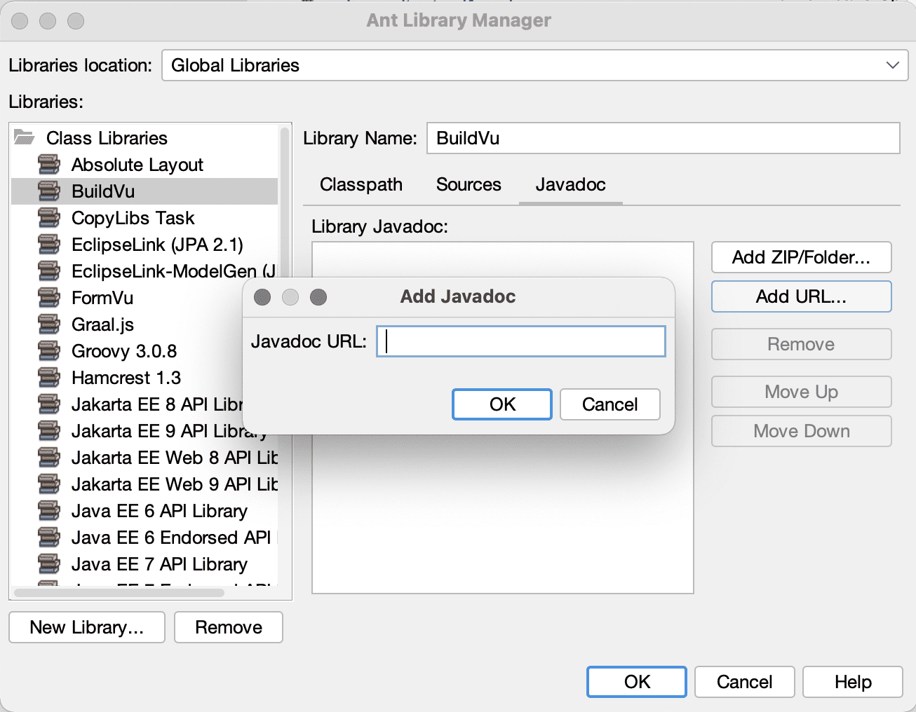 Javadocタブをクリックし、"Add URL... "ボタンをクリックします